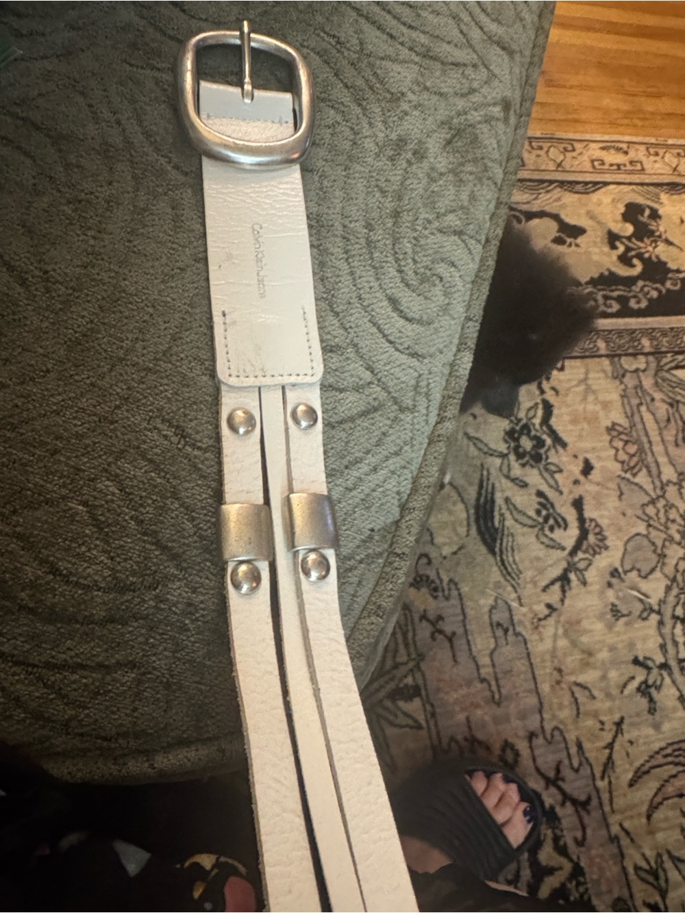 Calvin Klein White Leather Double-Strap Belt with Silver Hardware